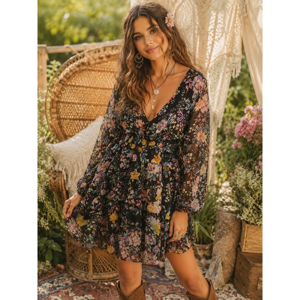Free People Closer To The Heart Mini Dress Black Multi Floral L Whimsical Boho